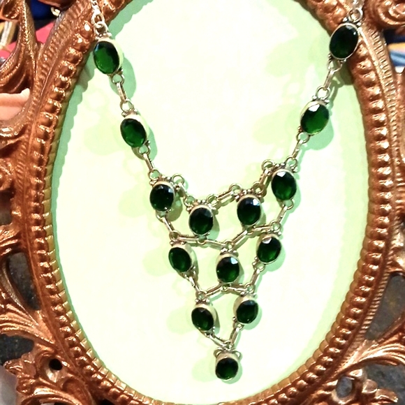 💚 Sterling Silver & Chrome Diopside Waterfall Necklace Deep Green Crystal Drop